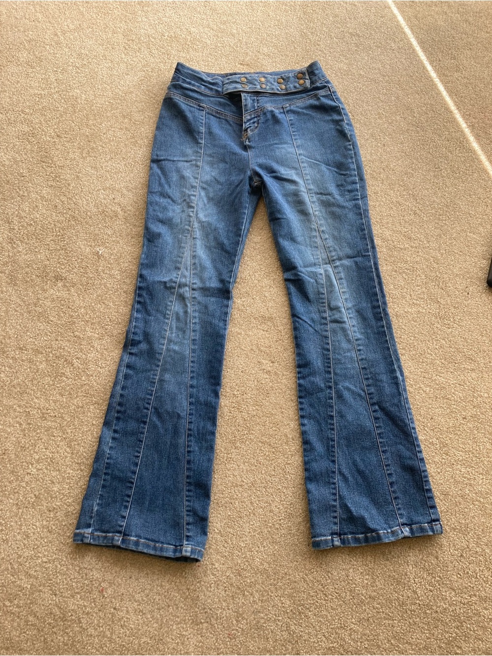 High-Rise Blue Flare Jeans with Button Waist